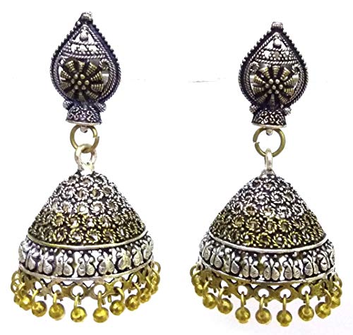 DESI HAWKER Dual Tone Golden Silver Oxidized Earring Bali Jhumki Jhumka Jewelry Bollywood Drop Dangle Conical Chandelier NI-161