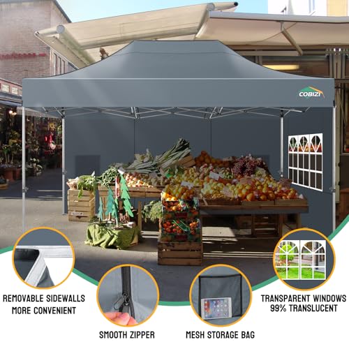 Image of COBIZI 10x15 Heavy Duty Pop Up Canopy Tent with 4 Sidewalls, Gray