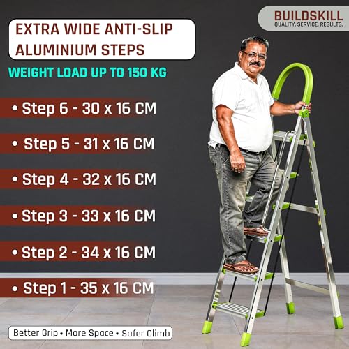 Image of BUILDSKILL Aluminium Ladder for Home 6 Steps | 35x16cm Wide Anti-Slip Aluminium Steps | Stainless Steel Body | Handrails | Load 150 Kg| Foldable Lightweight 6.5KG Ladder for Kitchen, Office & Home