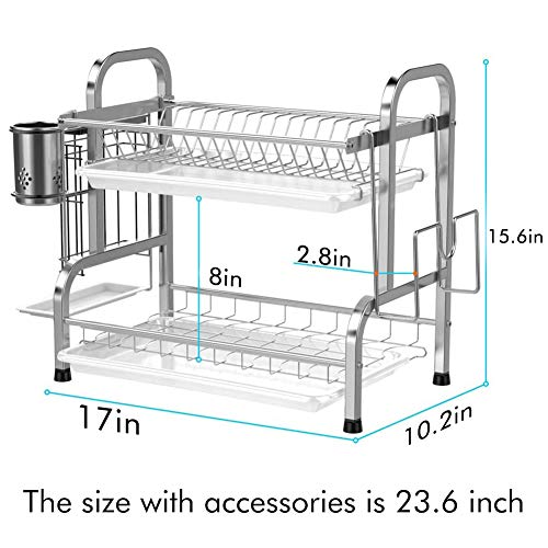 Ocharzy Dish Drying Rack 2 Tier Dish Drainer with Drain Board, Utensil Holder, Cutting Board Holder for Kitchen Counter (Silver) - Thumbnail 5