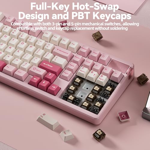 Image of LEOBOG A98 Wireless Mechanical Keyboard, Tri-Mode BT5.0 /2.4GHz /USB-C, Creamy Keyboard with Number Pad, Gasket Structure Hot Swappable, PBT Keycaps, RGB Backlit Pink Gaming Keyboard with Knob for PC