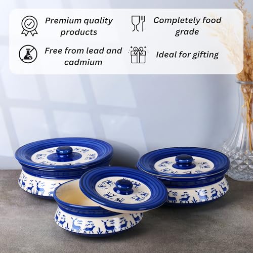 Image of Niyara Premium Ceramic Casserole /Donga Set with Lids - Handcrafted Serving Bowls for Hot Food, Microwave & Dishwasher Safe - Set of 3, Sizes: 1000ML, 650ML, 550ML (Blue deer design)