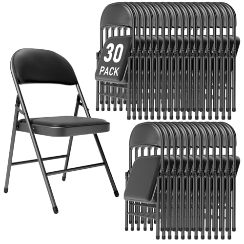 susici 30 Pack Black Folding Chairs with Padded Cushion and Back for Outside Portable Stackable Commercial Foldable Chairs with Steel Frame for Events Office Wedding Party, 350lbs Capacity