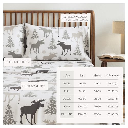 Image of Great Bay Home Flannel Sheet Set Full Size - 100% Turkish Cotton, Double-Brushed, Lodge-Printed Bed Sheets - Ultra-Soft, Cozy, 4-Piece Bedding Set (Moose)