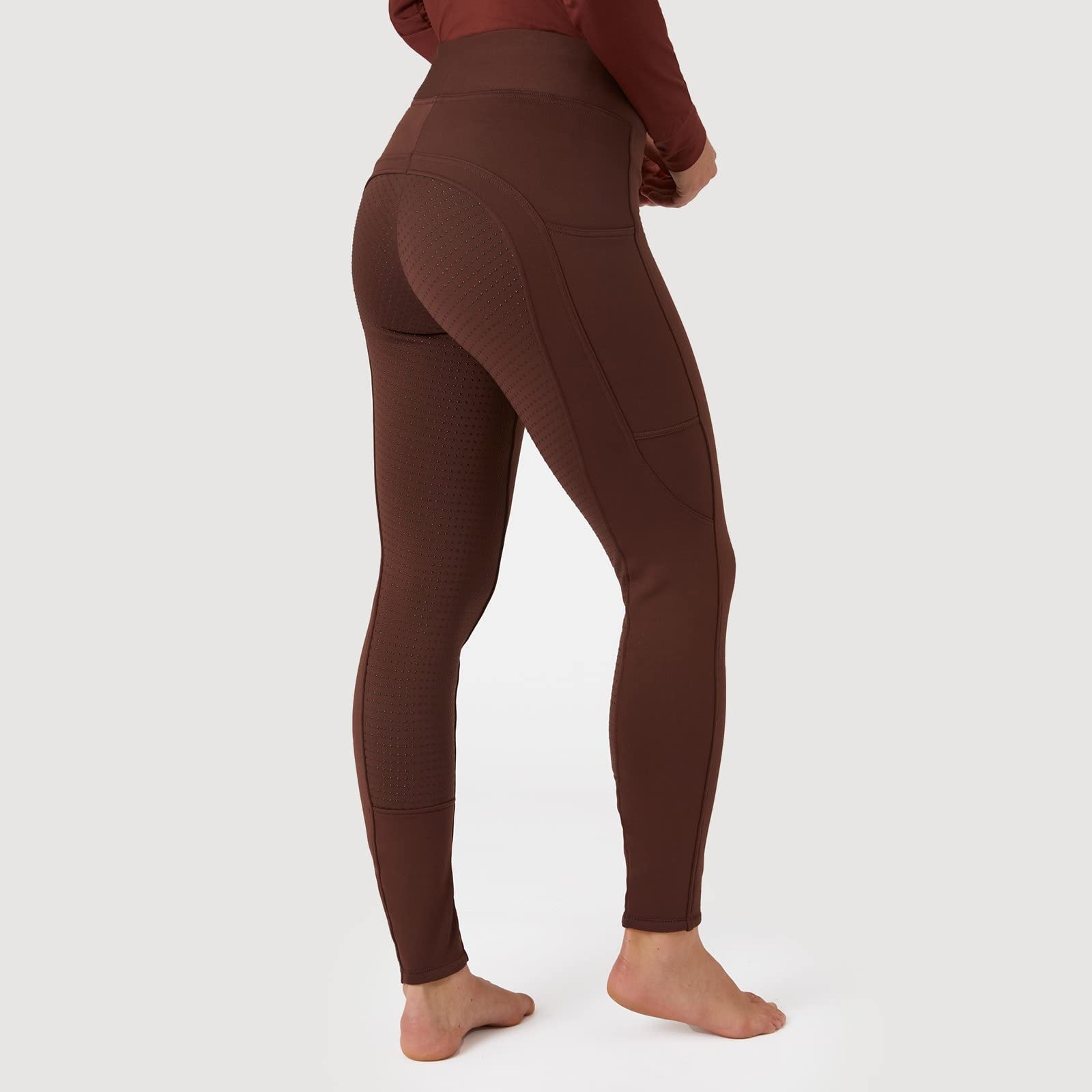 HORZE Damskie legginsy termiczne Active z kieszenią na telefon komórkowy, spodnie do jazdy konnej, termiczne bryczesy damskie, Rum Raisin Brown, 36