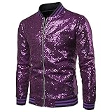 FEORJGP Mens Sequins Jakcet Zip Up Varsity Baseball Bomber Jacket Shinny Lightweight Coat Clubwear Bomber Jacket for Stage (Purple , L )
