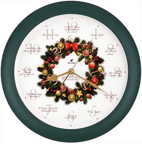 JUSTIME Elegant 14-inch 12 Song of Carols of Christmas Wreath Melody Wall Clock, Quartz Home Wall Deco Clock (WR Green)