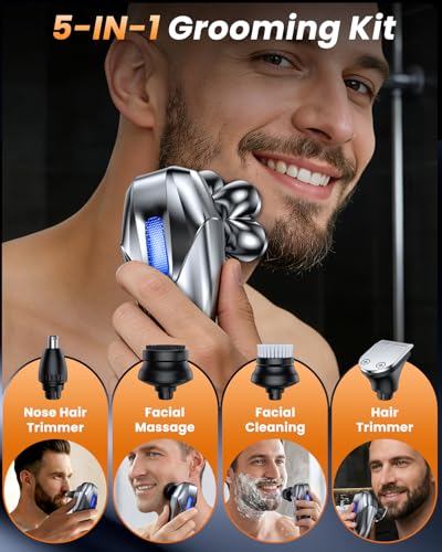 Image of Head Shavers for Bald Men, 5-in-1 Electric Shaver Grooming Kit with Case, 7D Floating IPX7 Waterproof Rechargeable Wet /Dry Razor for Skull Bald Head, Body Hair, Gray