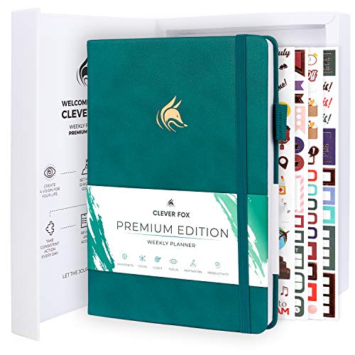 Clever Fox Planer Premium Edition - Luxuriöser Wochen & Monatsplaner zur Produktivitätssteigerung und zum Erreichen Ihrer Ziele - Organizer - Undatiert, Start jederzeit möglich, A5 - Dunkelblaugrün Cover