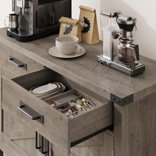 GarveeHome Farmhouse Entryway Table with 2-Door & 2 Drawers, Wood Console Table with Storage, Coffee Bar Cabinet, Sofa Tables Buffet Sideboard for Kitchen, Hallway, Dining, Living Room-Grey