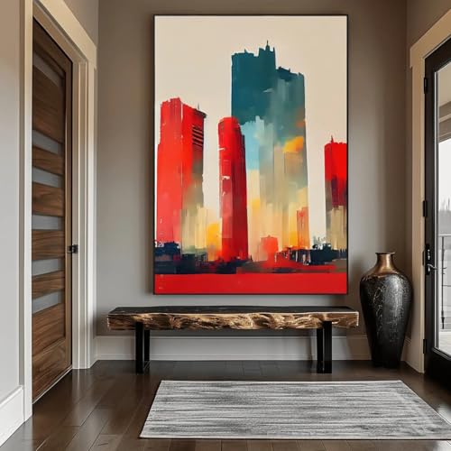 Tableau abstrait sur toile bâtiment rouge pour moderniser un salon minimaliste