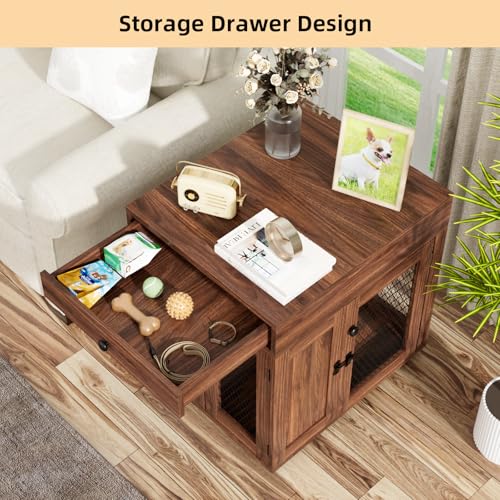 VOWNER Hundekäfig Möbel Indoor, 3 Türen Holz Hundebox mit Schublade, Moderne Hundehütte als Beistelltisch, 51 x 60 x 62 cm für kleine Hunde Zuhause unter 20 kg, Walnussbraun