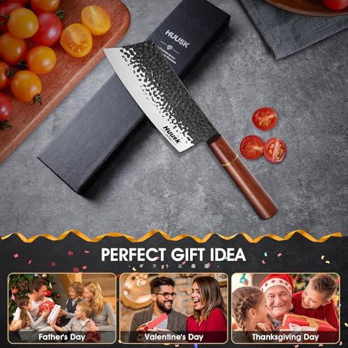 Image of Huusk 7 inch Japanese Meat Cleaver Knife, Sharp Butcher Knife for Meat Cutting | Hand Forged Chef Knife High Carbon Steel Sharp Kitchen Knives for Chopping Vegetable Ideal Gift for Men and Women