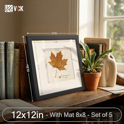 Image of VCK 12x12 Frame 5 Pack, Black Wood, 8x8 Mat, Glass, for Picture Prints