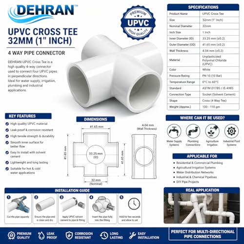 Image of DEHRAN UPVC Cross Tee 1 inch Inch (32mm) 4 Way Pipe Joint for Plumbing and Water Supply Systems