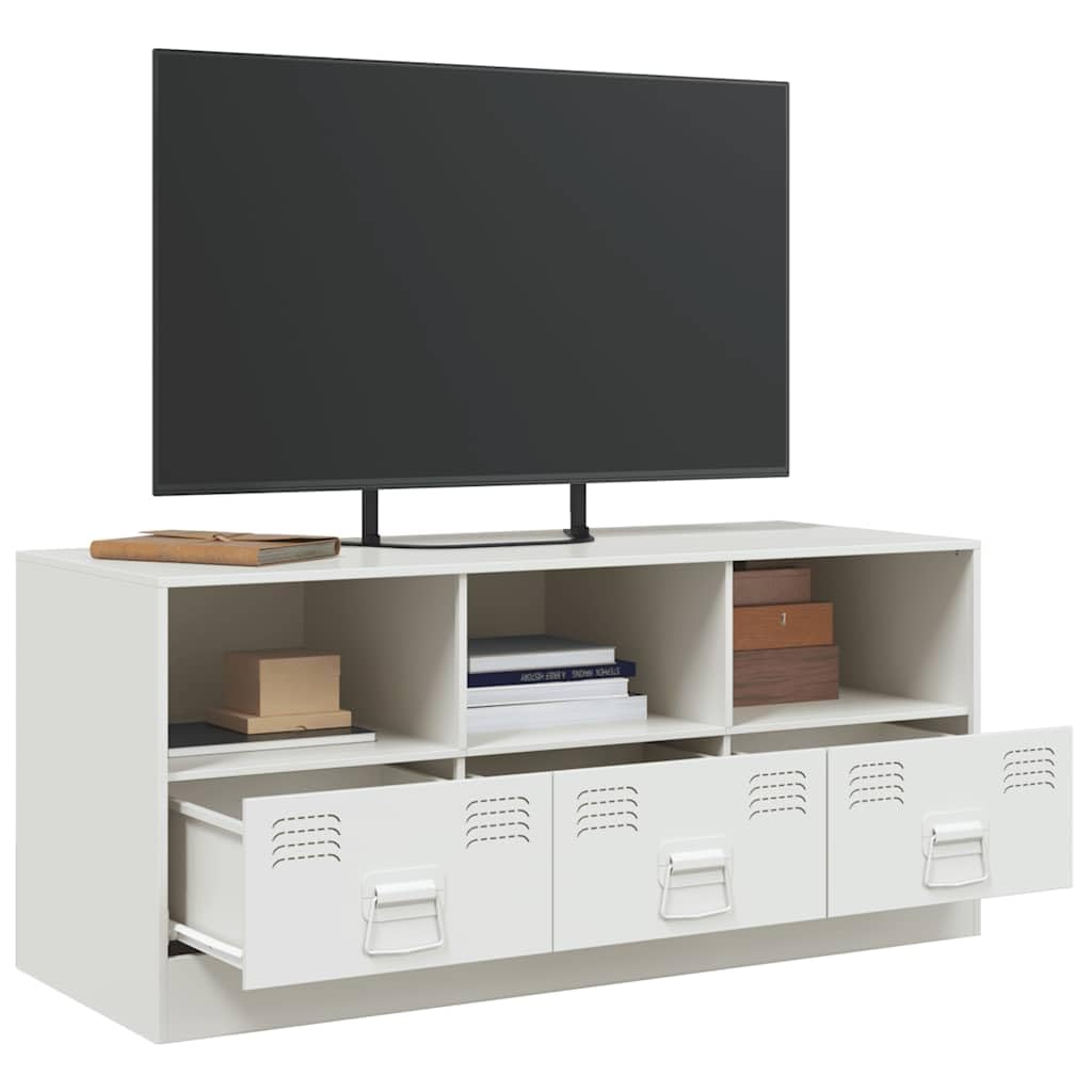 Mobile TV bianco in acciaio laminato a freddo, 99 x 39 x 44 cm, con 3 cassetti e scomparti, credenza bassa per soggiorno, spazio per tavolo TV, HiFi, soundbar, salvaspazio, moderno