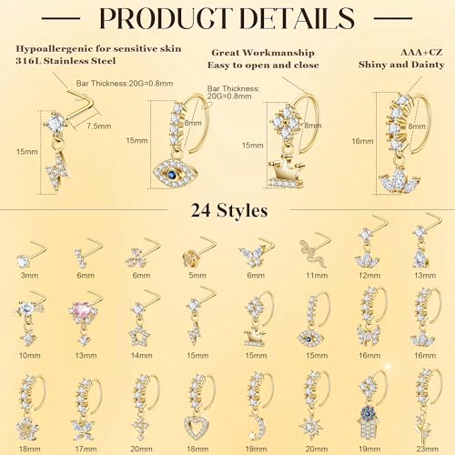 24Pcs 20G Surgical Steel Dangle Nose Ring for Women L Shaped Dangling Nose Stud Dainty Nose Hoop Set CZ Flower Leaf Heart Moon Star Butterfly Dangle Nose Piercing Jewelry2
