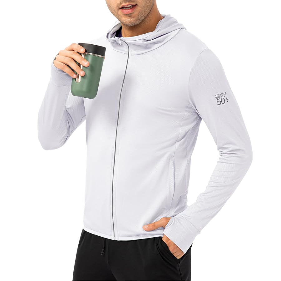Men's UV Protection Hooded Running Shirt, Long Sleeve, UPF 50+, Lightweight with Zipper Pockets (US, Alpha, Large, Regular, Regular, White)