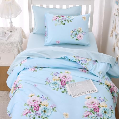 Image of Wake In Cloud - Floral Comforter Set, Shabby Chic Farmhouse Cottagecore Vintage Colorful Pastel Spring Flowers, Soft Lightweight Bedding for Women Girls, 3 Pieces, Blue, Twin /Twin XL Size