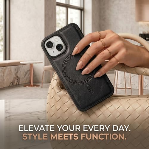 Image of amazon basics Premium PU Leather Case for iPhone 13, MagSafe Compatible Magnetic Ring, Sleek Protective Back Cover - [Black]