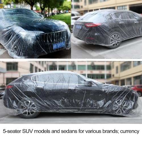Image of 4 Packs Disposable Car Cover Clear Plastic Car Cover Universal Rain Dust Garage Cover with Elastic Band Medium (12.4 FT x 21.6 FT)