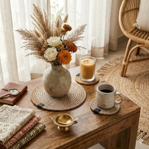 Image of Retro Trivets Polypropylene 3 Pc Round with Basket Holder, Braided Pot Mat, Side Table Mat, Machine Washable Small Place Mat for Casserole for Dining Table (9 inch Dia) (Beige)