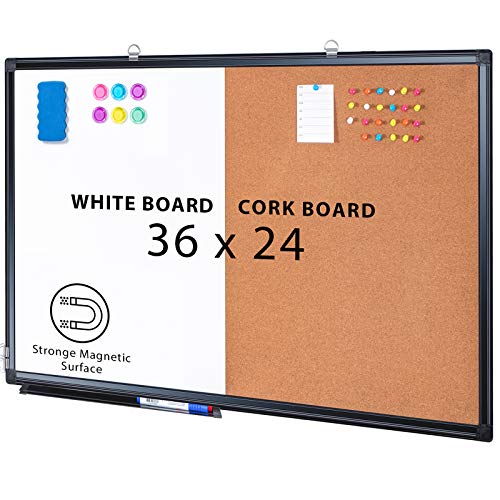 Combination Board, 36 x 24 Magnetic Whiteboard & Cork Board, Dry Erase Board Bulletin Combo Board for Home Office Classroom, Wall Mounted Memo Message Board