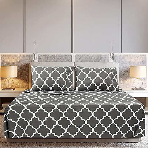 Image of Utopia Bedding Queen Sheet Set, Soft Microfiber 4 Piece Bed Sheets with 15 inch Deep Pocket - Easy Care Brushed Microfiber (Quatrefoil - Grey)