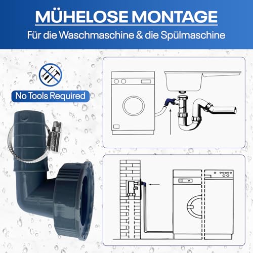 Waschmaschinen-Ablaufschlauch Anschlusstülle, 1 1/4 Zoll, 90° Winkelanschluss mit Schlauchschelle, für Wandeinbau-Siphons