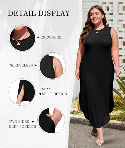 Image of Wolddress Womens 2026 Plus Size Sleeveless Tank Dress Casual Loose Sundress Split Summer Beach Long Maxi Dresses with Pockets