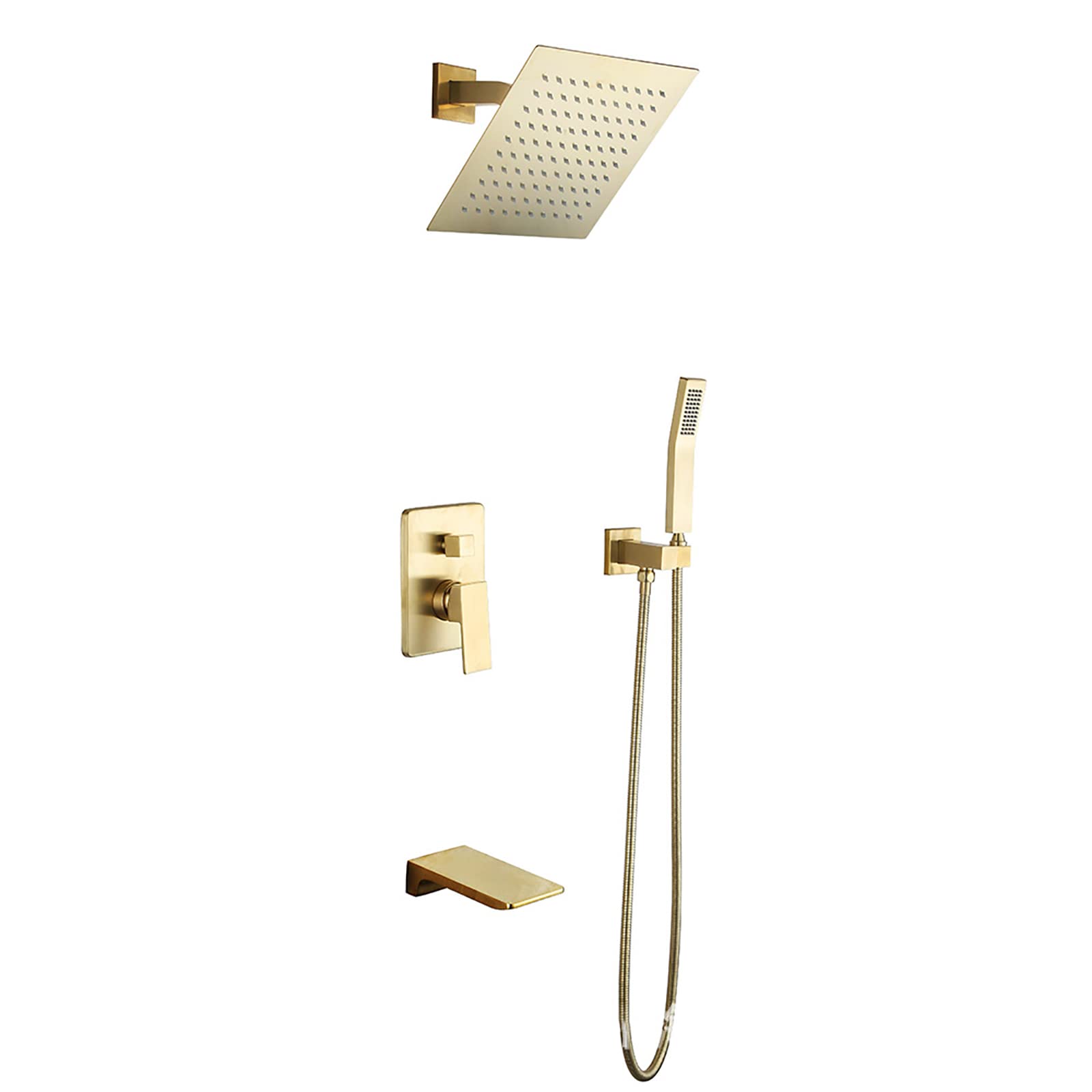 Duschsystem, Duschhahn-Set aus gebürstetem Gold, wandmontiertes Regendusche-Kombi-Set, Wannen- und Duschverkleidungsset mit einem Griff und 10-Zoll-Regenduschkopf, Duschs