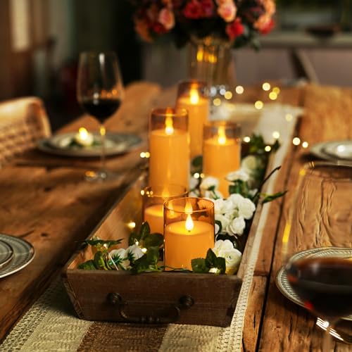 Image of Homemory Amber Flickering Flameless Candles, Battery Operated Acrylic LED Pillar Candles with Remote Control and Timer, Fall Candles, Set of 5