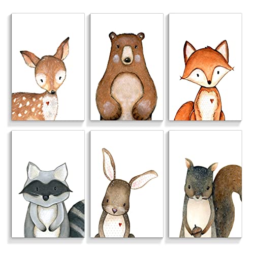 Image of 6 Pieces Woodland Animals Nursery Canvas Wall Art Cute Safari Jungle Animal Deer Bear Bunny Pictures Baby Room Posters Farmhouse Forest Theme Fox Squirrel Raccoon Prints Decor 8x10in Unframed