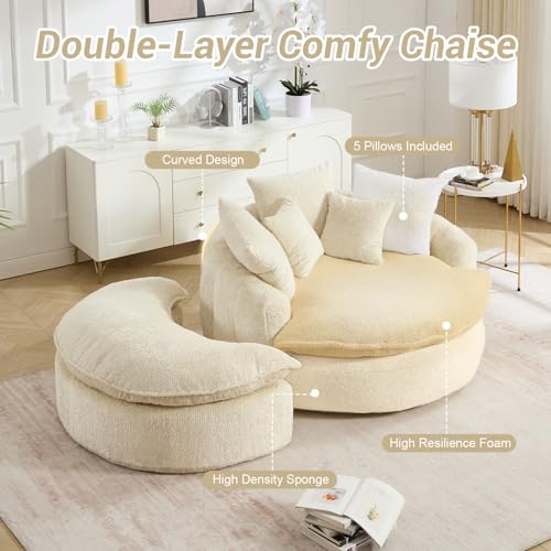 Image of 54 inch Round Chaise Lounge with Ottoman Big Bean Bag Round Sofa Bed Oversized Round Couch Boneless Reading Chair Comfy Plush Chenille Large Chaise Chair for Living Room, Apartment, Beige