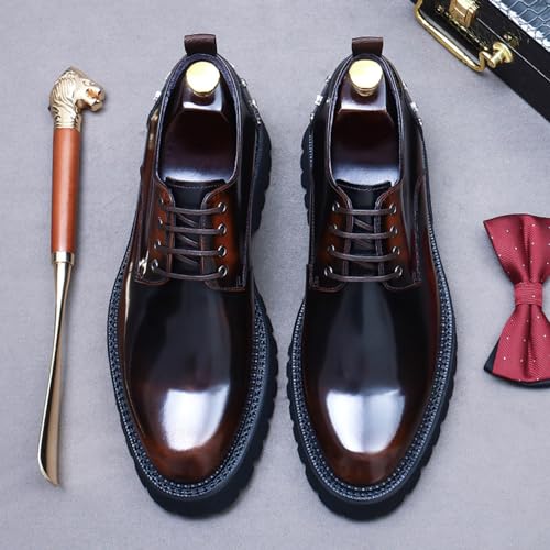 Mens Rivets Leather Shoes, Round-Toe Lace Up Derby Shoe, Fashion Heighten Work Shoe for Formal Wedding2
