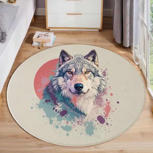 Tapis rond loup beige moquette lavable antidérapante