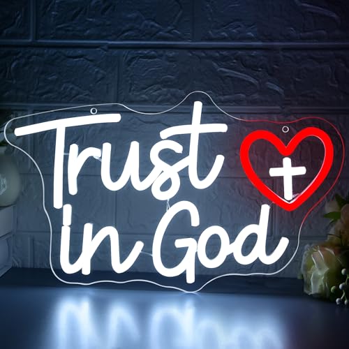 Image of Trust In God Neon Sign for Wall Decor Trust In God LED Light for Man Cave | Dimmable led light, cross christian, prayer room church decor, jesus spiritual wall art, inspirational gift, size 14.4*9.6 in