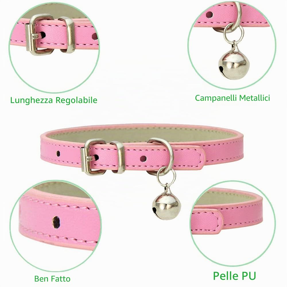 5 Pezzi Collare per Gatto in Pelle,Regolabile Collare Animali Domestici con Campana,Fibbia di Sgancio di Sicurezza Collare per Gatti Animaletti Picoli Cani