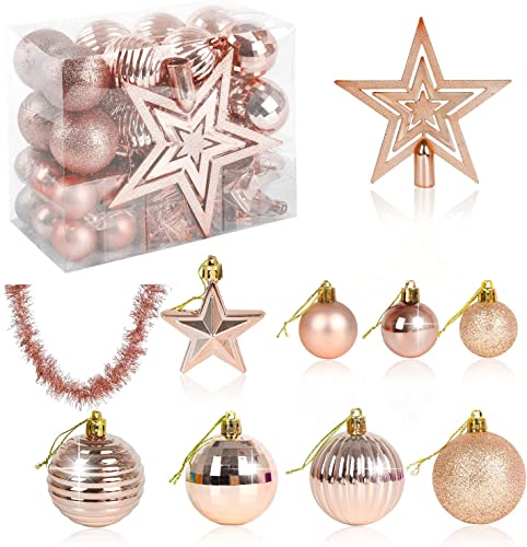 VEYLIN Christmas Tree Decorations Set of 40 Rose Gold Christmas Baubles Hanging Ball Tinsel Garland Star Tree Topper Ornaments
