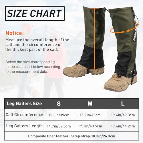 Thallike Leg Gaiters Waterproof for Hiking Hunting, 900D Fabric Portable Boots Snow Gaiters for Mountaineering, Adjustable Walking Leg Gaiters with Upgraded Zipper for Men/Women, Green, M