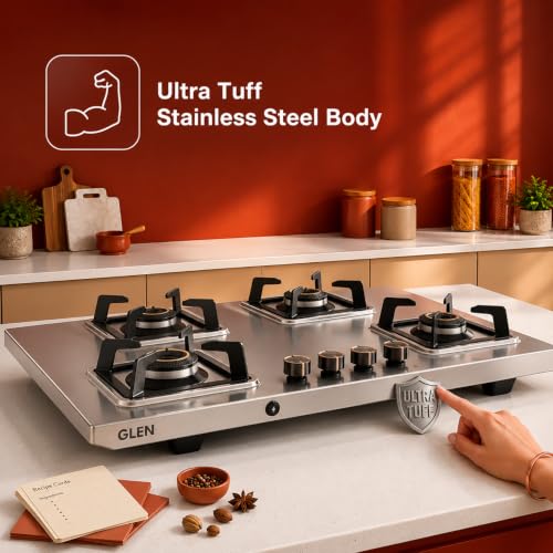 Image of Glen Ultra Tuff LPG Gas Stove 4 Burner Stainless Steel | 10 Year warranty on Burners and Gas Valve | 1 Jumbo Forged Brass Burner | Auto Ignition | 360 Revolving Brass Nozzle | 1054UTTNDTSSAI