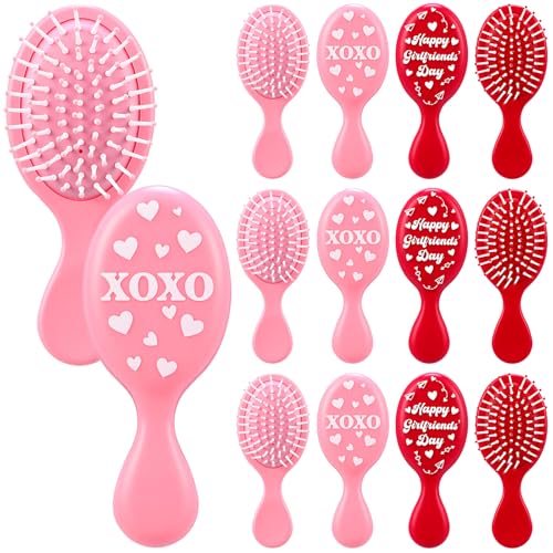 Teecyhooo 12 Pcs Valentines Mini Hair Brushes Bulk Pink Red