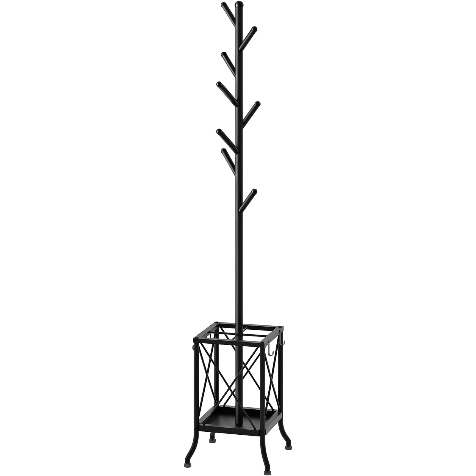 HOOBRO Coat Stand with 8 Hooks, Freestanding Coat Rack with Umbrella Holder, Coat Stands for Hallway, Hall Tree Hat Stand with Solid Iron and Staggered Hooks for Bedroom, Living Room,Black EBK30YM01