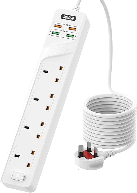 Extension Lead with USB Slots, Power Strips with 4 Way Outlets 4 USB Ports, Surge Protection Plug Extension Socket with 2M Extension Cord, Power Adapter UK for Home Office White
