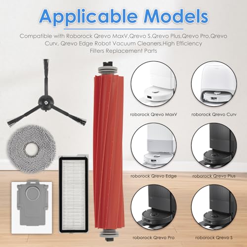 Image of (13 Pack) QRevo S Replacement Parts Compatible with Roborock Qrevo S, Qrevo Pro, Qrevo MaxV, QRevo Plus Robot Vacuum, 1 Roller Brush, 4 Black Side Brushes, 3 Dust Bags, 3 HEPA Filters, 2 Mop Pads