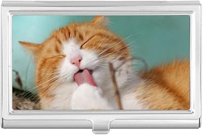 Yellow Stripes Cat Pet Animal Lick Business Card Holder Case Pocket Box Wallet