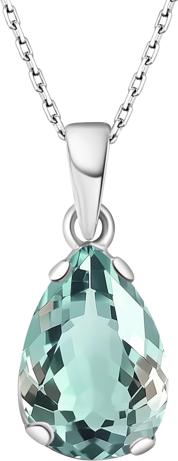 925 Sterling Silver Gemstone Necklace - Gemstone Teardrop Necklace - Birthstone Necklace for Women Silver - Pear Gemstone Pendant - Silver Jewelry for Women - Minimalist Chain Necklace