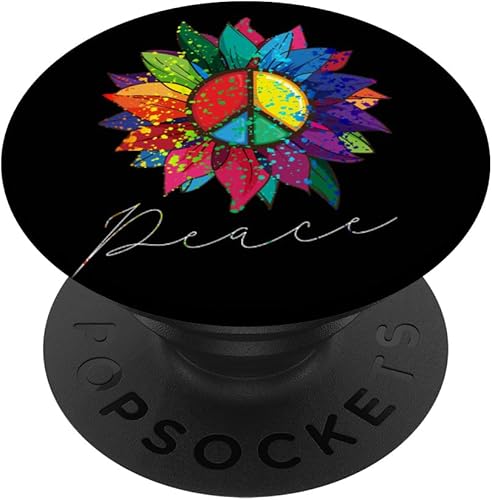 Sunflower Flower Rainbow Peace Sign Hippie 70s PopSockets - Soporte y agarre para teléfonos y tabletas, Negro