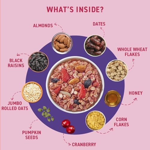 Image of Bagrry's Crunchy Nutty Fruity Muesli with Seed & Berries 425g | 78% Fruit, Nuts, Seeds & Multigrains | 99 Calories per serve | Rich in Fibre & Protein | No Artificial Preservatives or Colours | Breakfast Cereal