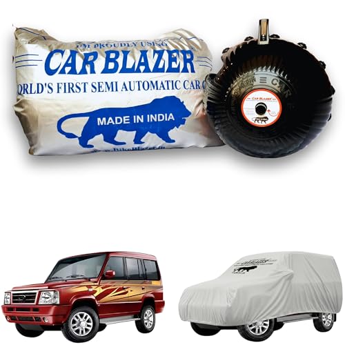 Image of CARBLAZER Portable & Semi-Automatic Full Body Car Covers: Heavy Duty Device| Anti-Theft| Dust & Scratch Proof | Water & Wind Resistant|Custom Fit| Dual-Side Cover, Compatible for Tata Sumo